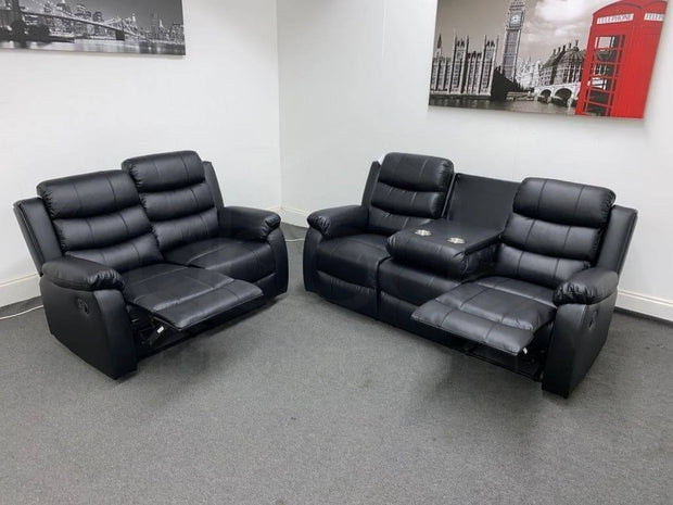 Roma 3+2 Seater Recliner Sofa Set – Black Aire Leather 