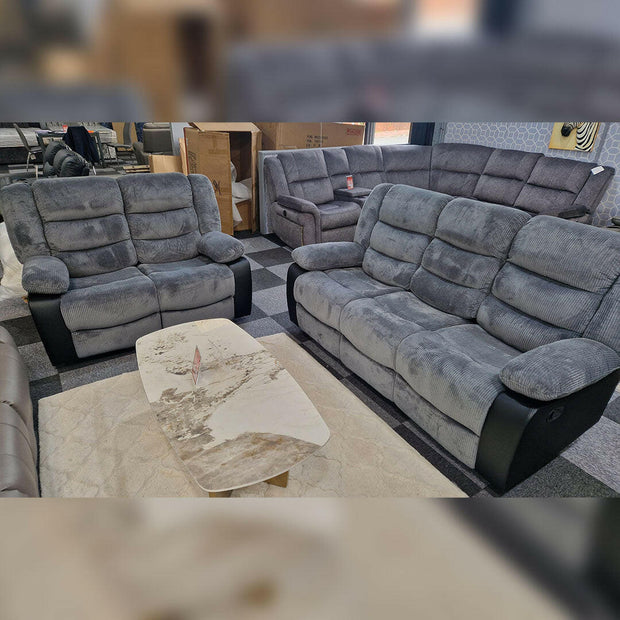 Front view of Rio 3 seater grey cord fabric recliner sofa – Oak Sofa Land