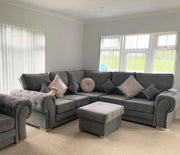 Verona 5 Seater Corner Sofa – Full Back Cushions, Soft Fabric, Chrome Feet - Oak Sofa Land