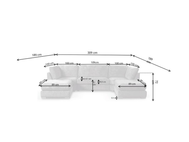 Brixton U Shape Sofa Silver Measurements
