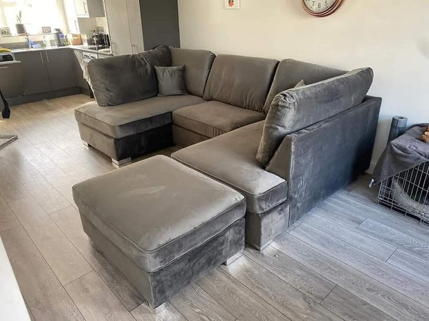 Carnaby Small U Shape Sofa with Footstool [ grey plush ] 