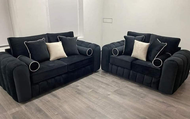 Milano Chesterfield 2+3 Seater Sofa Set in Black Plush Velvet – Handmade Luxury with Removable Covers