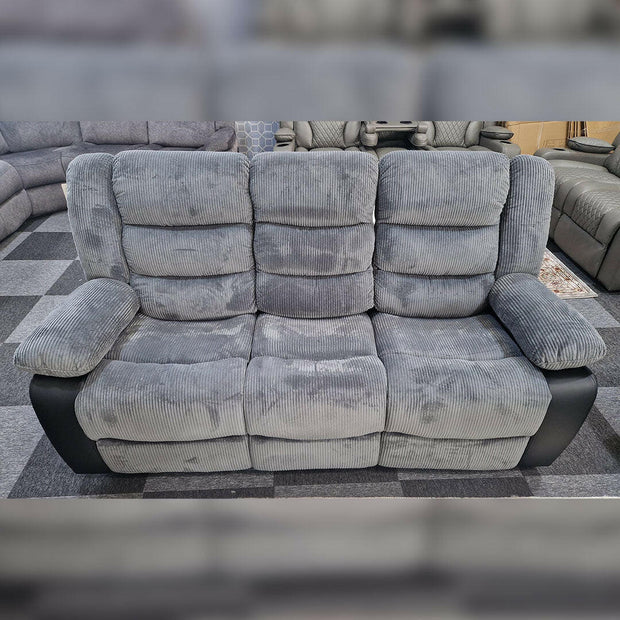 Front view of Rio 3 seater grey cord fabric recliner sofa – Oak Sofa Land