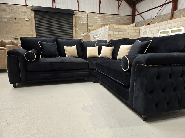 Zara Chesterfield Corner Sofa -  Black Plush Fabric 