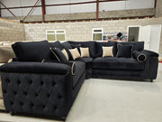 Zara Chesterfield Corner Sofa -  Black Plush Fabric 