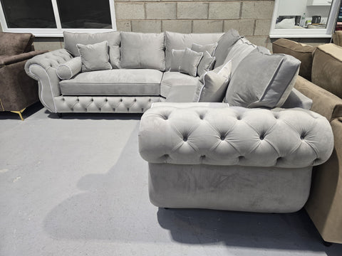 Rio Chesterfield Corner Sofa – Silver Plush Fabric 