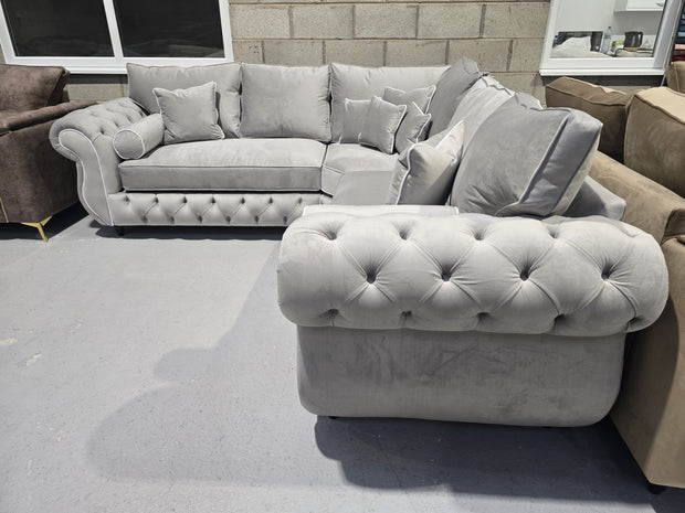 Rio Chesterfield Corner Sofa – Silver Plush Fabric 