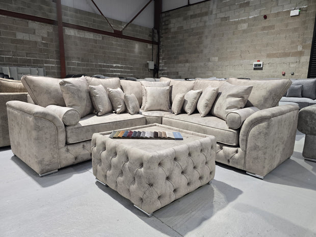 Malibu Chesterfield Corner Sofa – Stone Daytona Fabric 