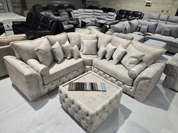 Malibu Chesterfield Corner Sofa – Stone Daytona Fabric 