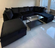 Large Bishop U-Shape Sofa – High Back & Scatter Back | Black Plush Fabric | Oak Sofa Land 