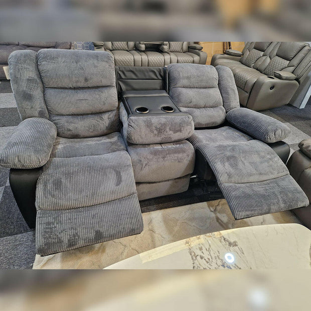 Front view of Rio 3 seater grey cord fabric recliner sofa – Oak Sofa Land