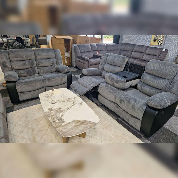 Front view of Rio 3 seater grey cord fabric recliner sofa – Oak Sofa Land