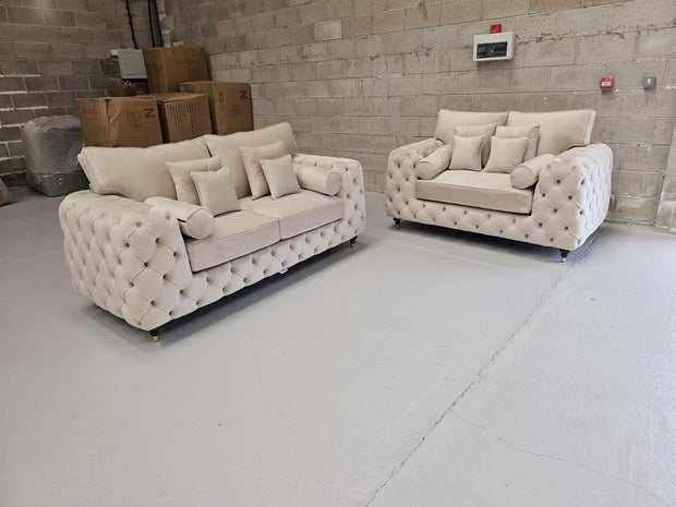 Sofas | 3+2 Seater | Royale Ashton Chesterfield | Cream Plush Velvet |197443118681